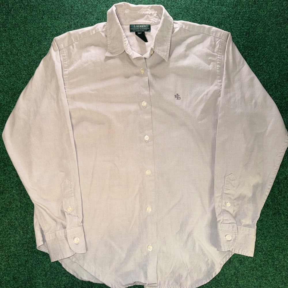 Lauren Ralph Lauren Petite Tan Cotton Button Down Shirt Logo 12P Long Sleeve